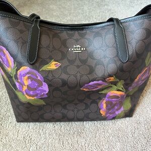 Coach Dark Brown Tote with Purple Floral Design